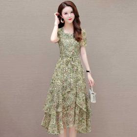 短袖雪纺裙气质优雅，中长款不对称蛋糕裙QYM-LRX-RC1061-Y