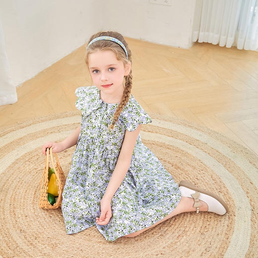 mettekids女童连衣裙2024夏季新款儿童花瓣领公主裙纯棉碎花裙子 商品图1