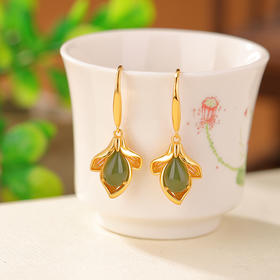 S925纯银镀金和田玉碧玉玉兰花水滴耳坠CW