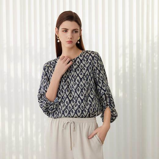 【七分袖桑蚕丝T恤】24年春夏新品女士时尚菱形印花真丝薄款上衣 商品图2