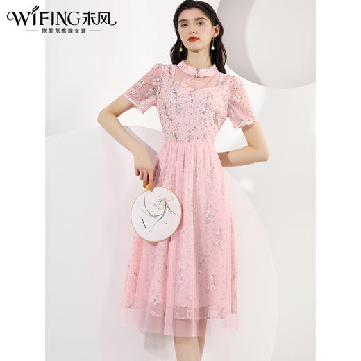 未风粉色网纱绣花连衣裙女夏2024年夏季新款国风改良旗袍长款裙子 商品图2