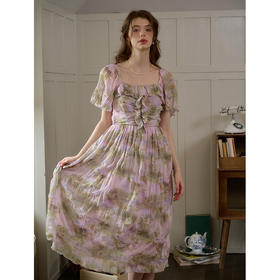 SimpleRetro紫莲夏光 浪漫油画碎花连衣裙女夏法式方领长款百褶裙