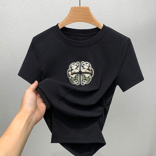 新中式刺绣开叉收腰棉短袖t恤 XY-T4X0683 商品图1