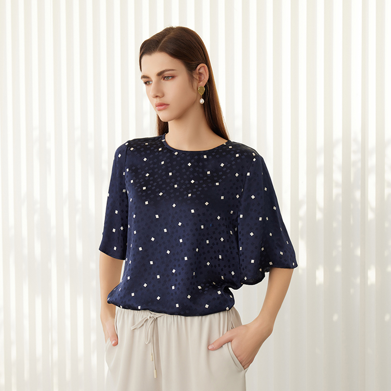 【印花五分袖真丝T恤】24年春夏新品女士100%桑蚕丝圆领套头真丝上衣