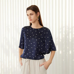 【印花五分袖真丝T恤】24年春夏新品女士100%桑蚕丝圆领套头真丝上衣