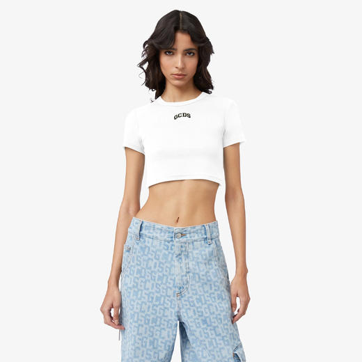 GCDS 女士字母徽标刺绣棉质短款圆领短袖T恤 白色 A1CW2801JA210 商品图1