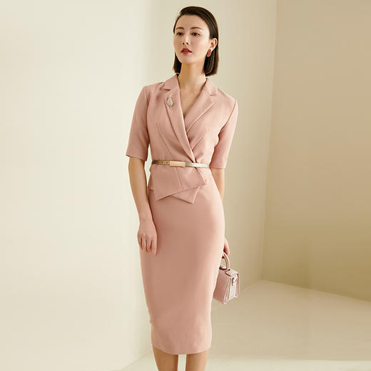 颈袖添香连衣裙修身职业OL通勤女西装裙包臀显瘦粉色商务主持人JD382965 商品图3