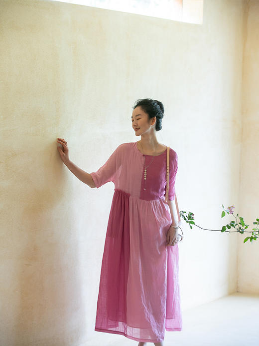 牧衣游原创设计 撞色拼接苎麻连衣裙新款轻薄文艺宽松长裙 霓裳曲 商品图2
