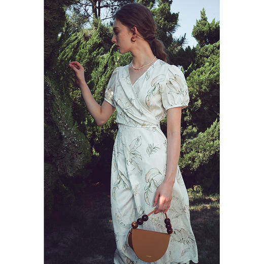 HeyDress原创香蕉印花连衣裙女夏季法式收腰设计优雅气质裹身裙子 商品图1