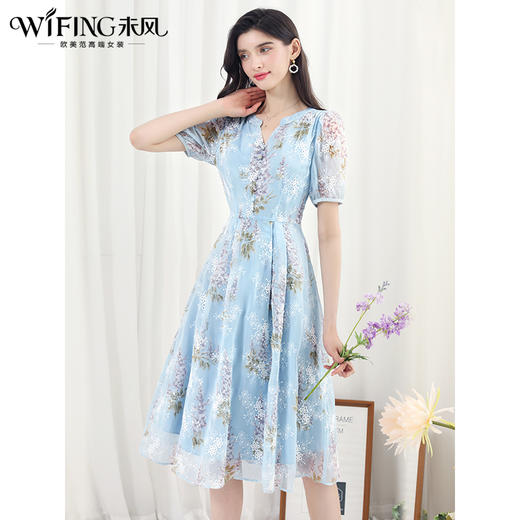 未风蓝色雪纺绣花连衣裙女夏2024夏季新款气质泡泡袖遮肉长款裙子 商品图0