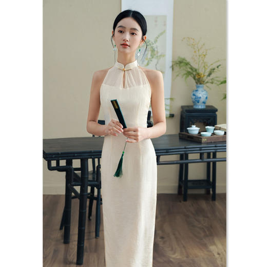 天丝提花旗袍，挂脖露肩性感旗袍裙GX183206 商品图0