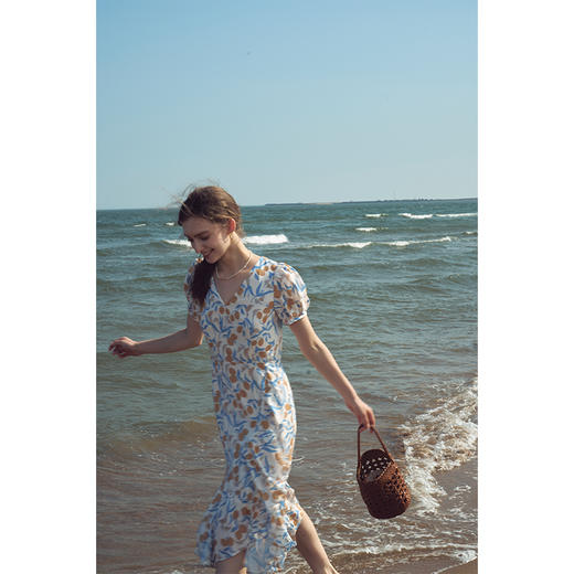 HeyDress原创柠檬碎花连衣裙女夏季法式V领荷叶设计浪漫度假裙子 商品图0