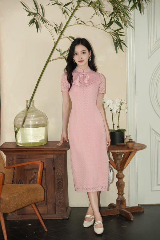 爆款推荐# 经典长青款『苏然』蝴蝶结蕾丝麦穗旗袍连衣裙，穿着自在舒适的文艺气质连衣裙！ 商品图6