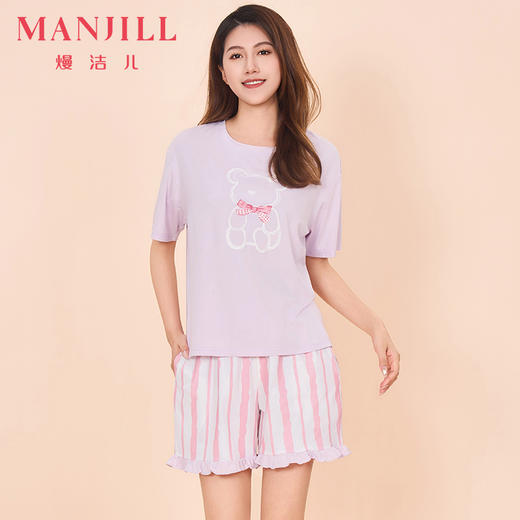 【商场同款】熳洁儿 女士家居服夏季甜美风人棉短袖短裤套装荷叶裤脚24203237 商品图0