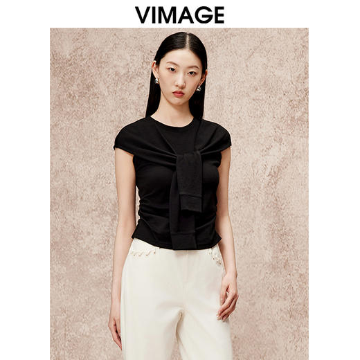 VIMAGE纬漫纪假两件高级通勤简约修身显瘦黑色T恤上衣秋新款V2213802 商品图3