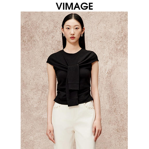 VIMAGE纬漫纪假两件高级通勤简约修身显瘦黑色T恤上衣秋新款V2213802 商品图5