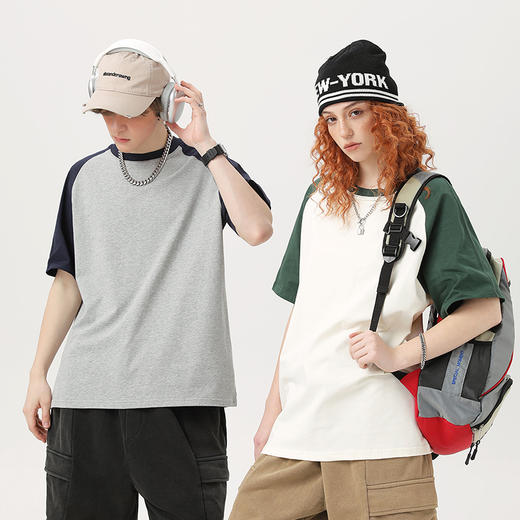 自由基地夏季新款青年潮流260克纯棉插肩拼色圆领短袖T恤衫（男女同款）NMT-2137 商品图1