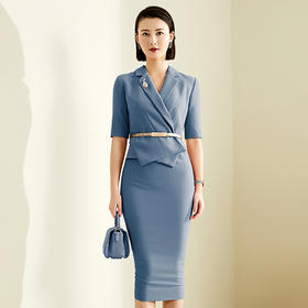 颈袖添香连衣裙修身职业OL通勤女西装裙包臀显瘦粉色商务主持人JD382965