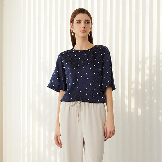 【印花五分袖真丝T恤】24年春夏新品女士100%桑蚕丝圆领套头真丝上衣 商品图2