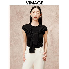 VIMAGE纬漫纪假两件高级通勤简约修身显瘦黑色T恤上衣秋新款V2213802