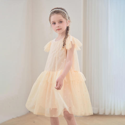 mettekids女童裙子2024夏季新款连衣裙米杏色儿童网纱绣花公主裙 商品图1