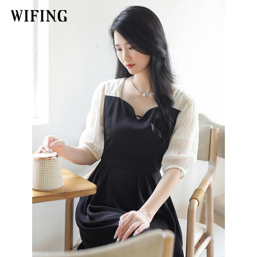 未风黑色假两件连衣裙女夏2025年夏季新款时尚泡泡袖收腰显瘦裙子 商品图2