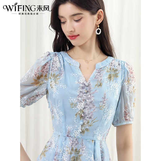 未风蓝色雪纺绣花连衣裙女夏2024夏季新款气质泡泡袖遮肉长款裙子 商品图1