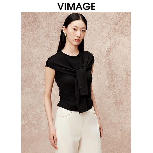 VIMAGE纬漫纪假两件高级通勤简约修身显瘦黑色T恤上衣秋新款V2213802 商品图2