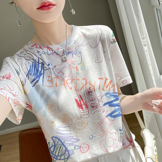 国风印花短袖t恤女夏季莱赛尔天丝针织宽松法式设计感正肩T恤上衣_HLY 商品图7