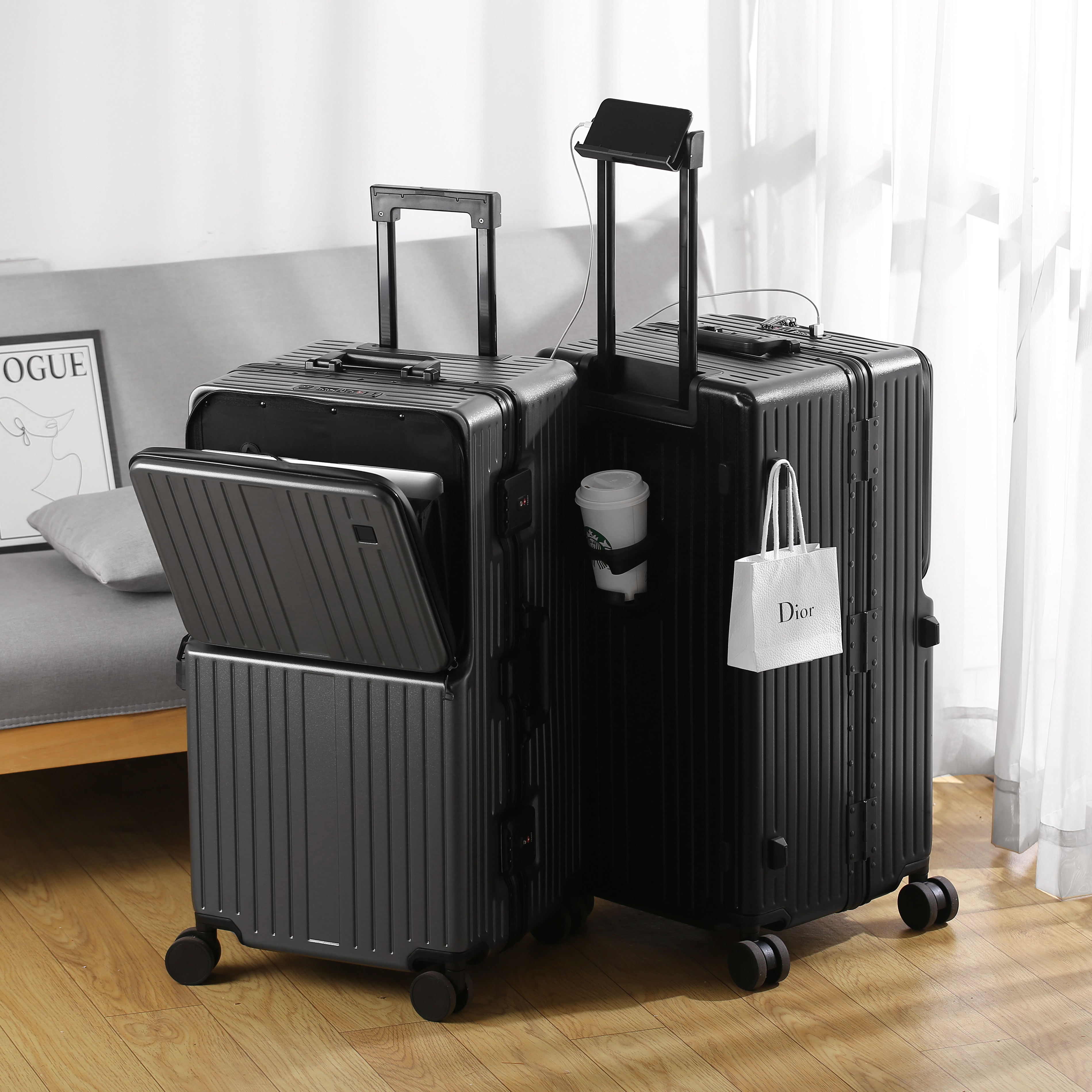 德国品牌romivo usb充电 多功能铝框开口箱行李箱 多20%容量 高档铝合金拉杆 超静音万向轮