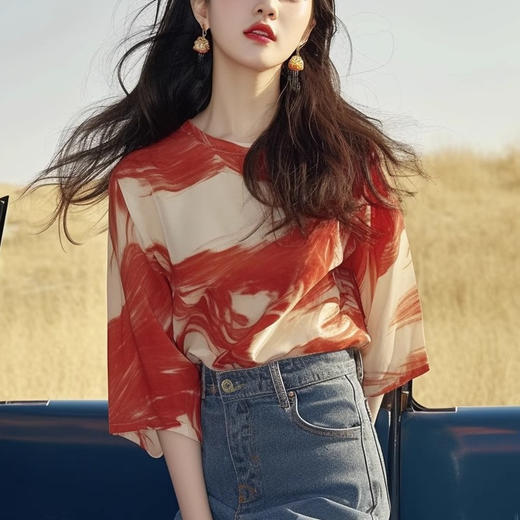 法式轻熟风小众设计别致独特绝美短袖T恤上衣撞色雪纺印花衬衫夏WX088-DJ99 商品图0