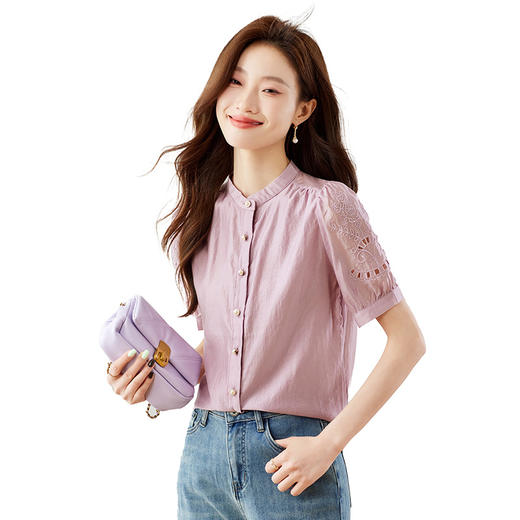 GT 6L 609-A#8551##45~镂空刺绣泡泡袖天丝衬衫女2024夏装法式小衫感别致上衣 商品图4