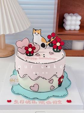 二次元漫画翻糖线条狗动物花花手绘蛋糕 -低糖处理无添加