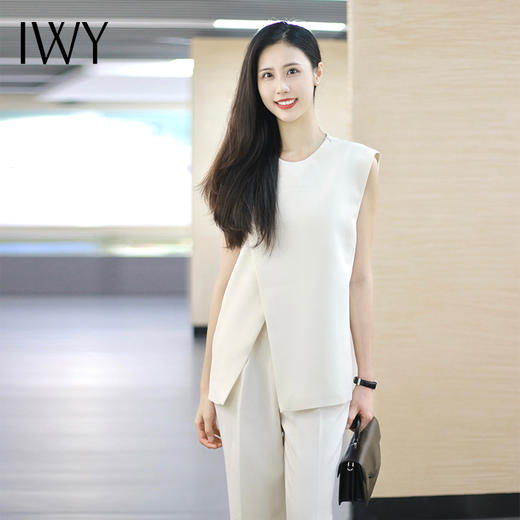 IWY/米白无袖西装上衣夏季新款小众设计感下摆开叉工作服C13522+P23522 商品图4