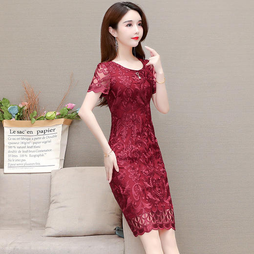 蕾丝刺锈网纱连衣裙，短袖裙时尚中长款红色婚礼裙QYM- LRX-4A21920-Y 商品图1