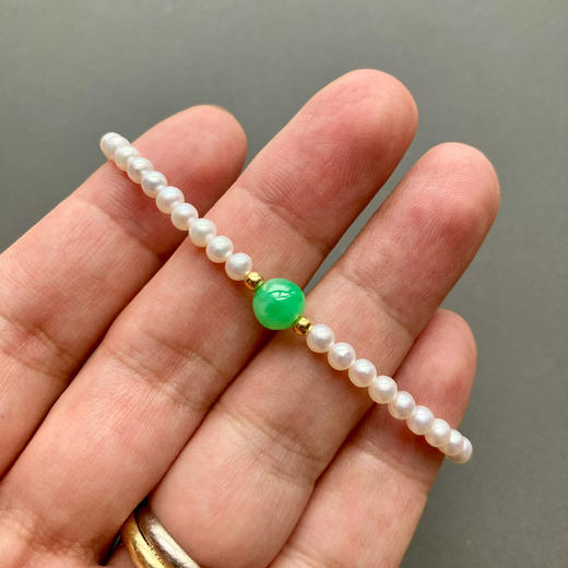5A级珍珠baby珠阳绿翡翠珠串18k金手链 商品图3