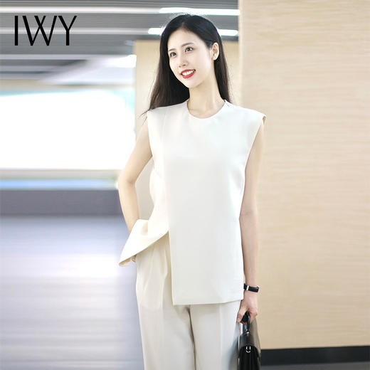 IWY/米白无袖西装上衣夏季新款小众设计感下摆开叉工作服C13522+P23522 商品图6