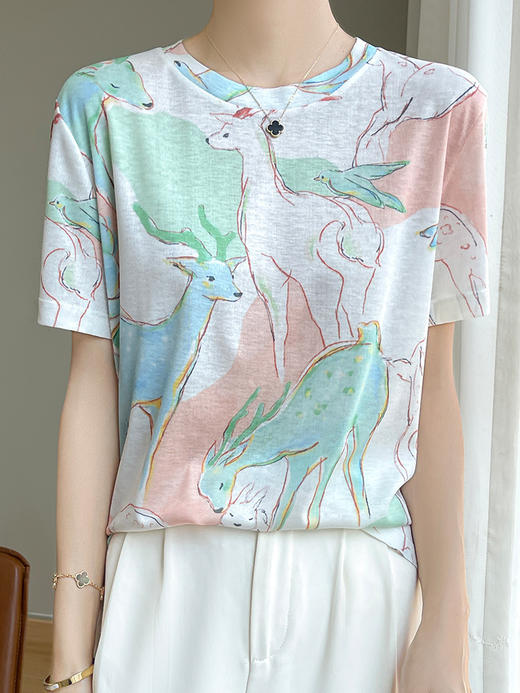 国风印花短袖t恤女夏季莱赛尔天丝针织宽松法式设计感正肩T恤上衣_HLY 商品图0