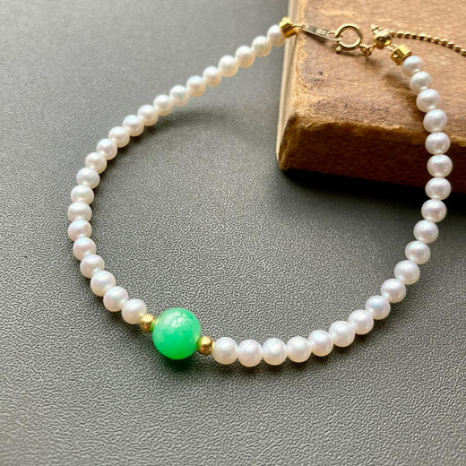 5A级珍珠baby珠阳绿翡翠珠串18k金手链 商品图1