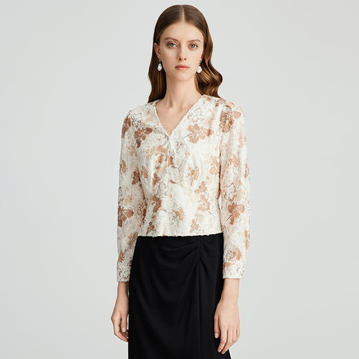 EITIE爱特爱复古法式V领收腰印花肌理感长袖显瘦短上衣新款C2413422 商品图1