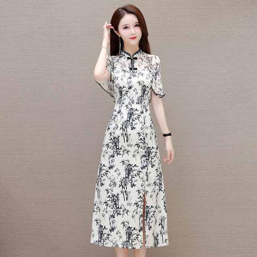 蝙蝠袖竹叶花连衣裙，复古旗袍裙中长裙QYM- LRX-QP2423-1-Y 商品图0