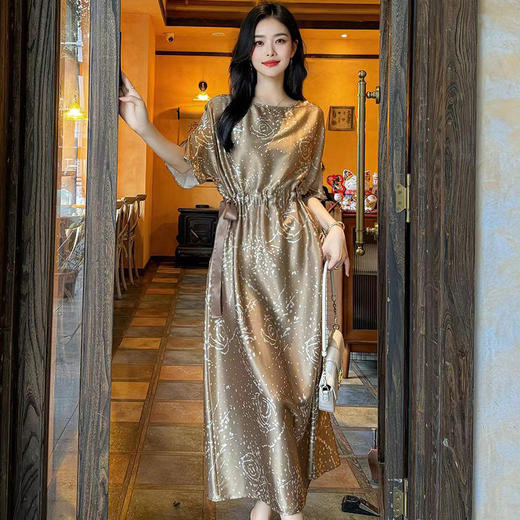 DNO19姆米真丝弹力缎印花连衣裙深圳南油女装一件代发高档桑蚕丝裙子 商品图0