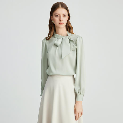 EITIE爱特爱清新浅绿立领飘带复古直筒百搭衫上衣秋新款C2413416 商品图2