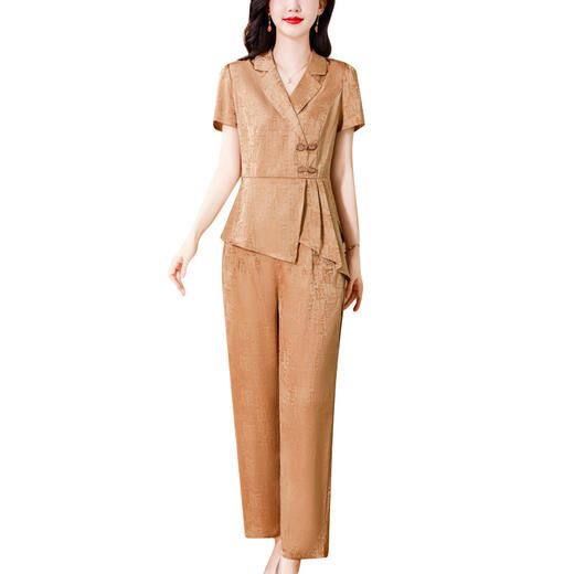 AHMqyfs8917 复古气质西装领短袖上衣阔腿裤两件套女2024夏季新款时尚古提花套装 商品图4