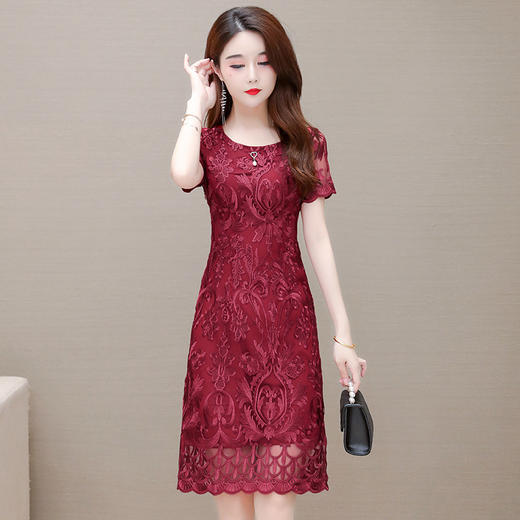 蕾丝刺锈网纱连衣裙，短袖裙时尚中长款红色婚礼裙QYM- LRX-4A21920-Y 商品图0