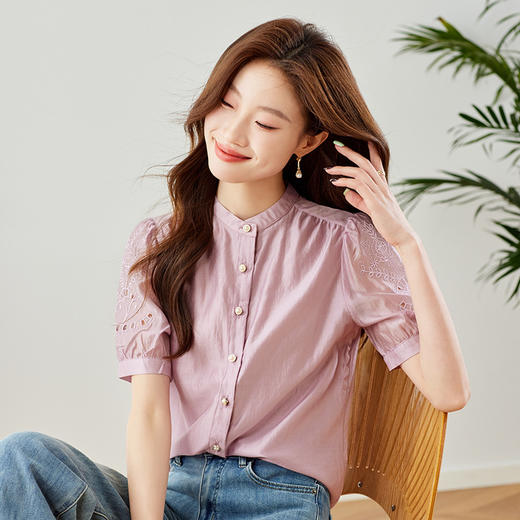 GT 6L 609-A#8551##45~镂空刺绣泡泡袖天丝衬衫女2024夏装法式小衫感别致上衣 商品图3