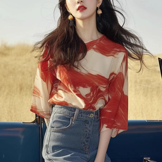 法式轻熟风小众设计别致独特绝美短袖T恤上衣撞色雪纺印花衬衫夏WX088-DJ99 商品图1