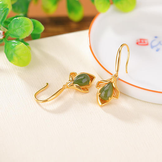 S925纯银镀金和田玉碧玉玉兰花水滴耳坠CW 商品图2