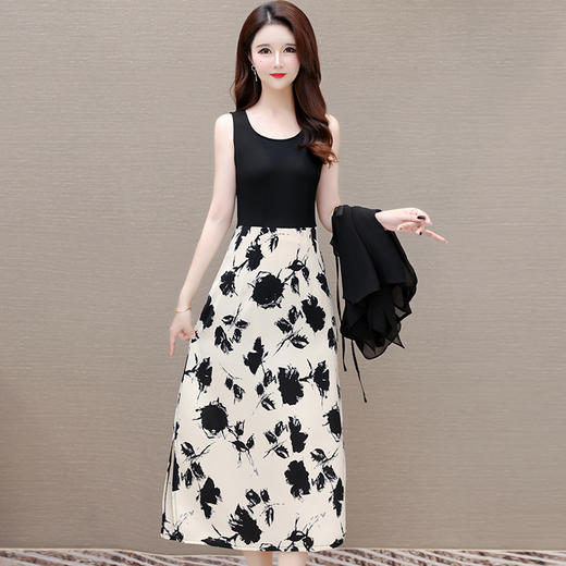 夏季无袖背心印花连衣裙+套头黑色不对称小衫两件套QYM-LRX-914A83-Y 商品图1