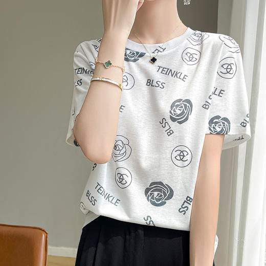 国风印花短袖t恤女夏季莱赛尔天丝针织宽松法式设计感正肩T恤上衣_HLY 商品图8